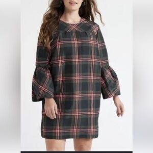 Free Assembly Womens XXL Plaid 3/4 Bell‎ Sleeve Mini Shift Dress With Pockets